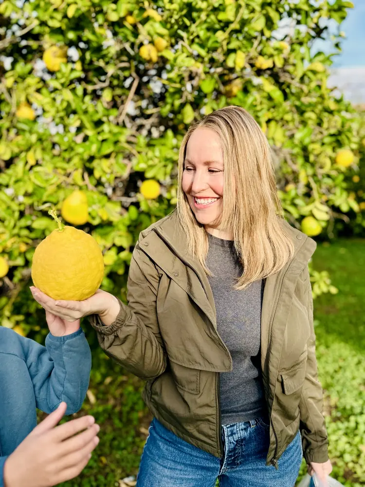 A woman picking a fresh lemon from a citrus tree for a seasonal experience.